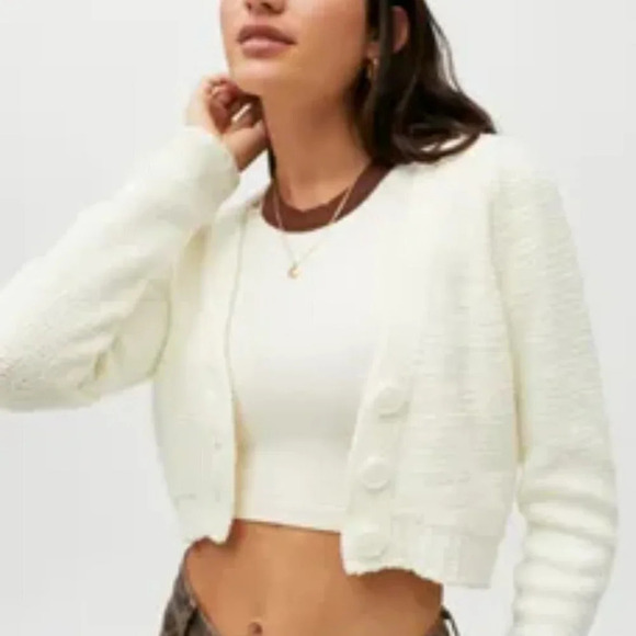 Urban Outfitters UO Soft Chenille Cropped Button Front Cardigan White Size Small - Picture 2 of 9